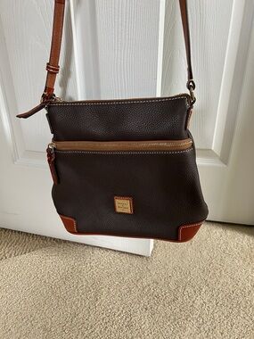 Dooney & Bourke Dark Brown Pebbled Leather Crossbody Messenger with Tan Trim